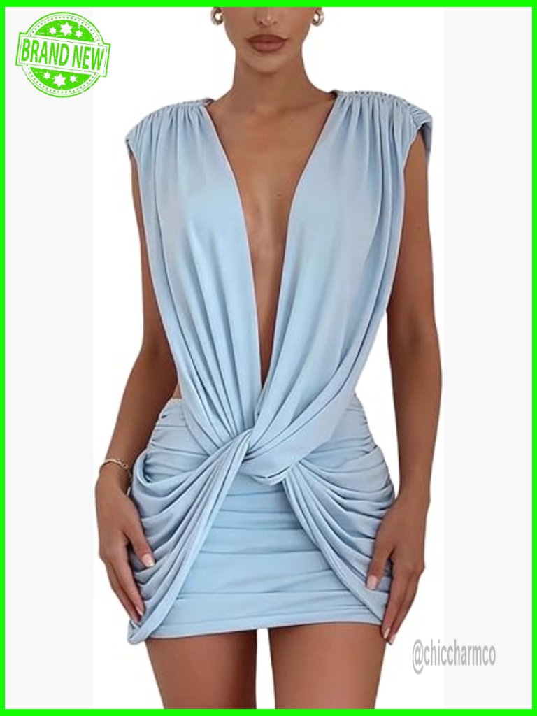 Sexy Ruched Bodycon Mini Dress V-Neck Sleeveless Club Night Out